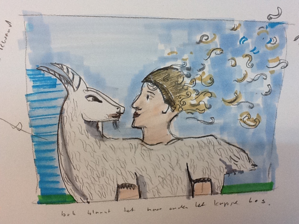 ontwerpschetsje bokje blaast haar haren los